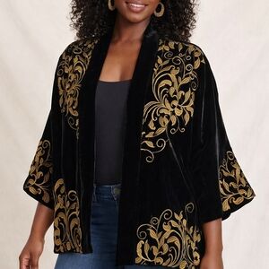 Chico’s Reversible Velvet Embroidered Kimono Jacket S/M Black Gold NWT